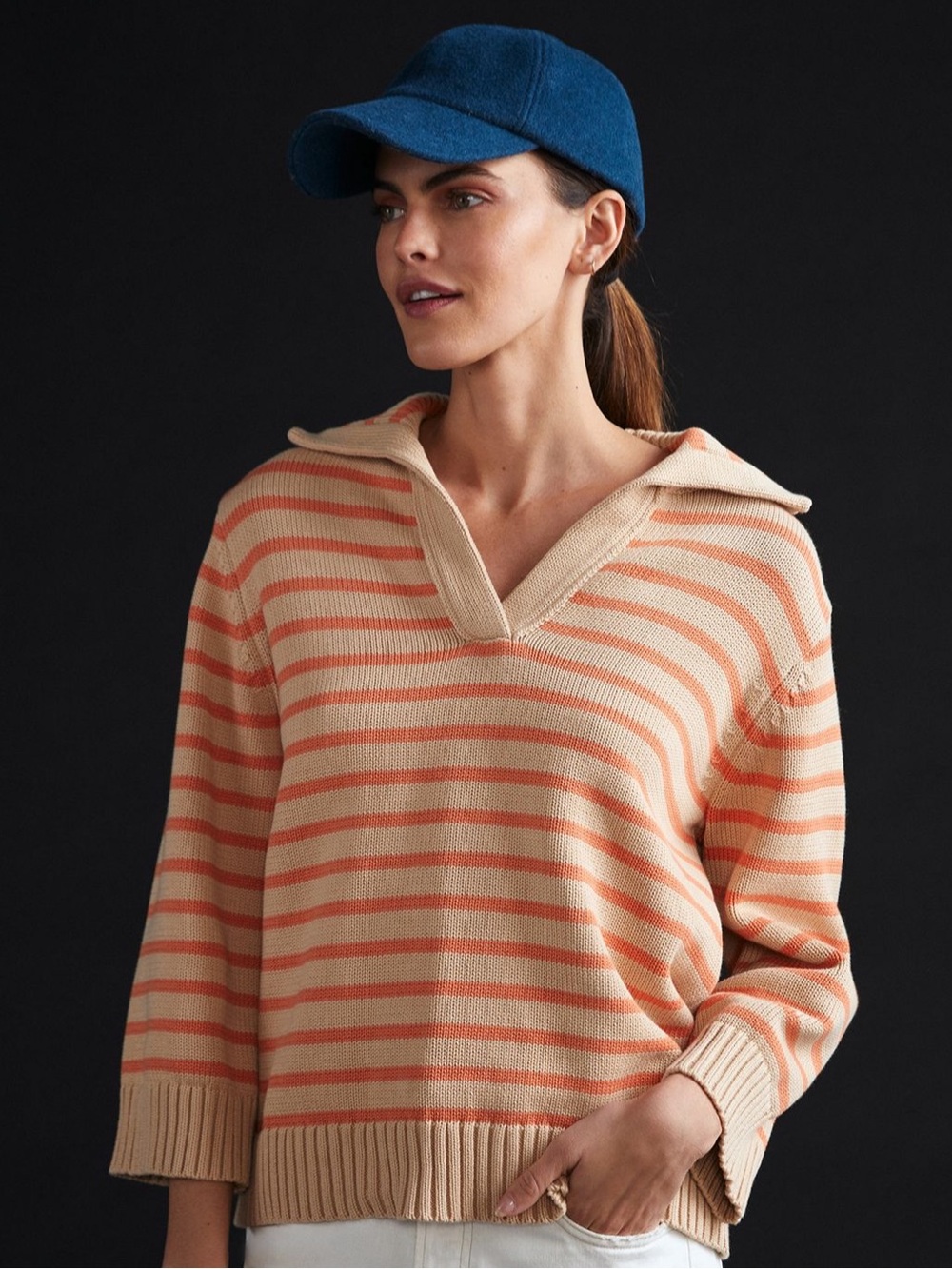 NWOT Anthropologie DemyLee Striped Polo Sweater in Beige and Coral - Picture 2 of 6